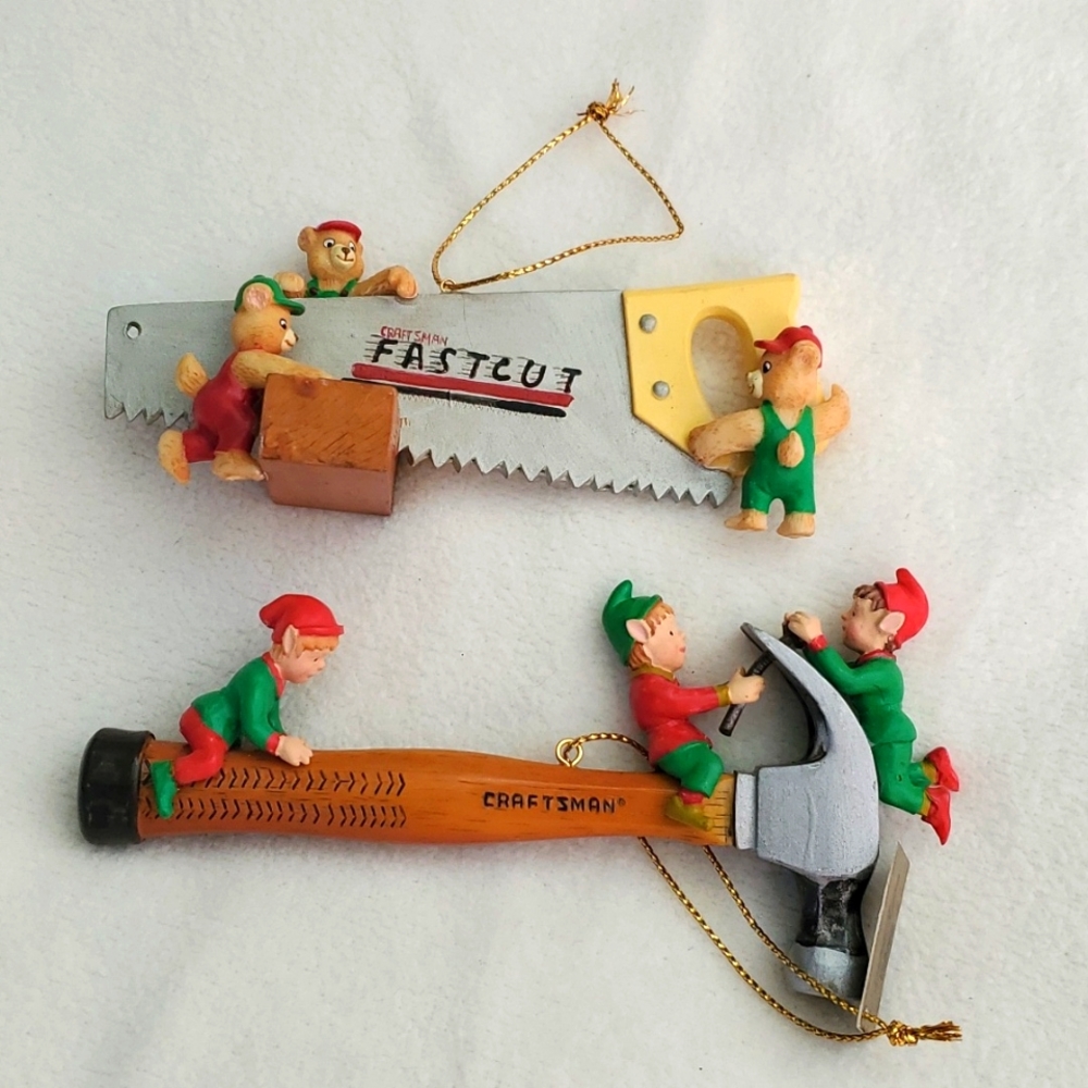 Vintage Mr. Christmas Craftsman Tools Ornament Lot Elves 1995 Hammer Saw